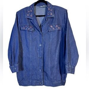 VINTAGE Cherokee Blue Denim Jean Jacket shoulder pads & accents Women's Sz L